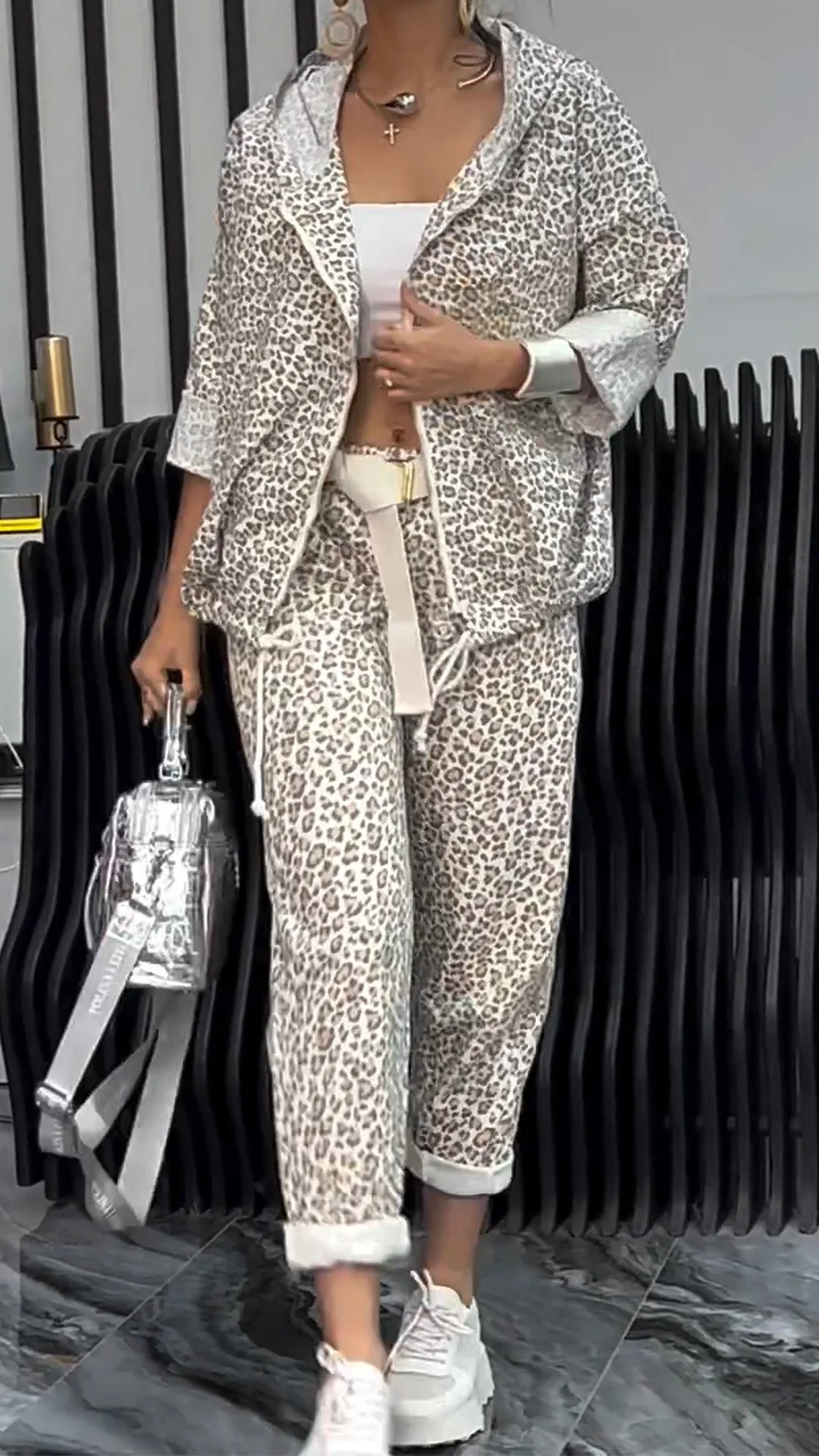 Women's Leopard-print Cardigan Short Suit