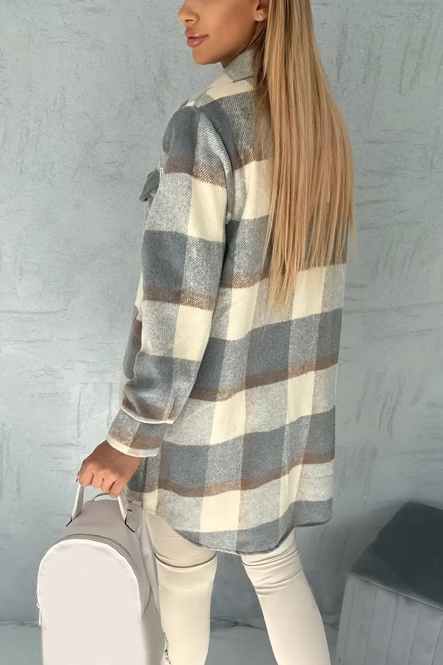 Women's casual loose plaid mid-length coat